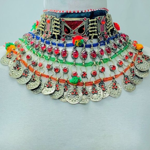 Multicolor Choker Necklace, Tribal Afghan Choker With Silver Dangling Coins - Picture 2 of 7